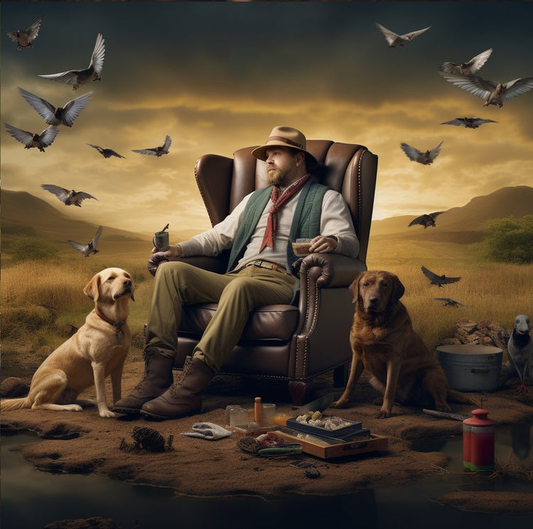 Man sitting in a high back chair in a field with his bird dogs
