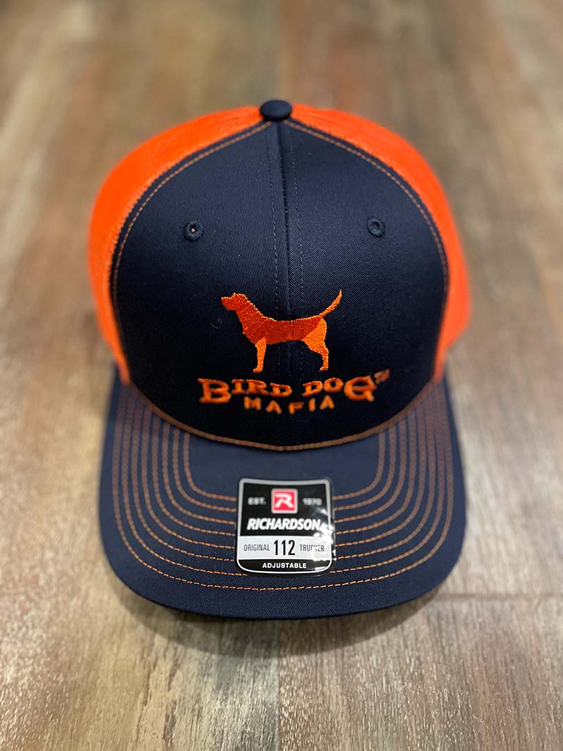 Navy Orange Bird Dog Mafia Mesh Cap with Labrador Retriever logo
